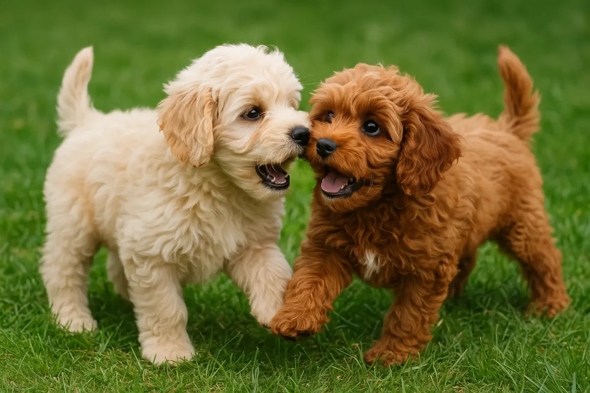 Cavapoo vs Cockapoo puppies sitting side by side with toys from My Choice Puppy.