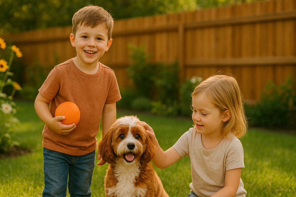 Cavapoo family pets playing happily with children