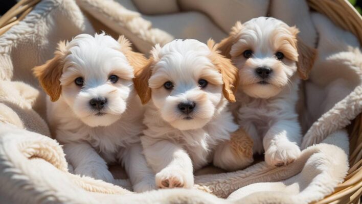Healthy Maltipoo puppy resting in a cozy dog bed, ready for adoption
