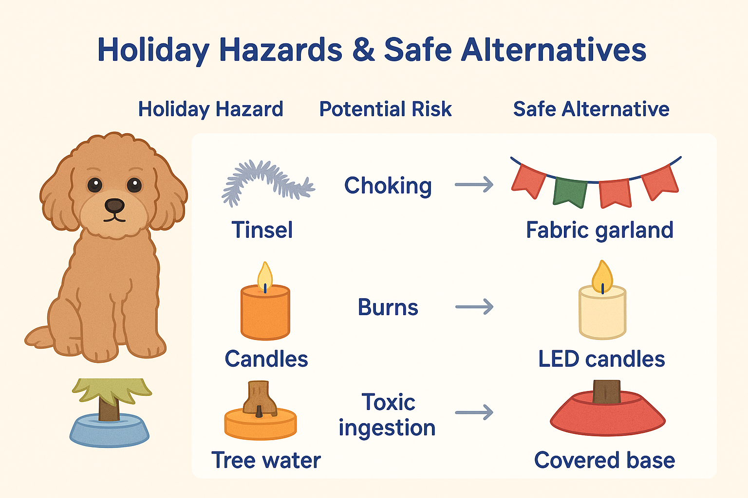 Diagram showing Cavapoo holiday hazards and safe alternatives