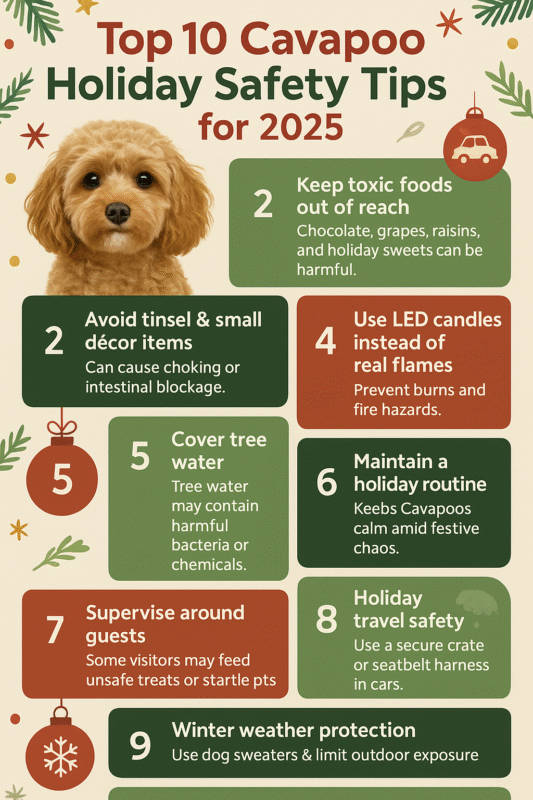 Infographic listing Cavapoo holiday safety tips for food, décor, travel, guests, and cold weather.