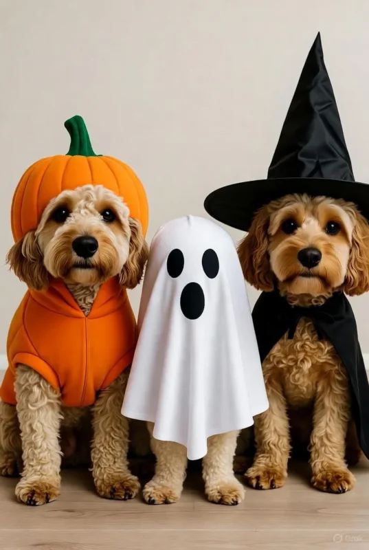 Cavapoo Halloween costumes 2025 in pumpkin outfit.